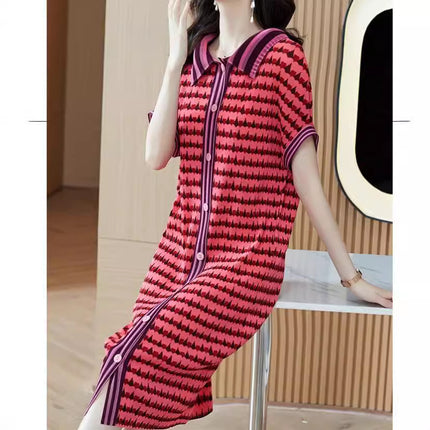 2025 Summer New Tea Break French Style Artistic Girl High Sense Polo Collar Green Striped Fashion Heart dress