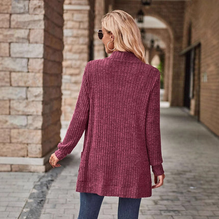 2026 Spring and Autumn Amazon Solid Color Ribbed Brushed Casual Patchwork Long Sleeve Cardigan Jacket for Elegant Commuting