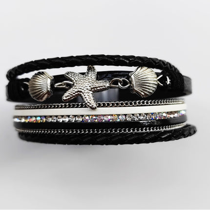 Cross-border Hot Sale New Style Shell Starfish Bracelet Diamond-encrusted Multi-layer Magnetic Bracelet Bohemian Woven Leather Bracelet