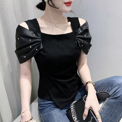 European goods 2024# European goods summer new nail drill pleated sleeve shoulder high quality women's fashion T-shirt small shirt generation