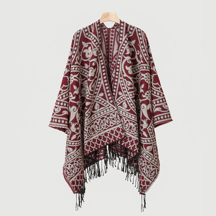 New Cross-Border Retro Cloud Totem Jacquard Ethnic Style Shawl Cloak Sichuan-Xizang Xinjiang Travel Photo Slit Scarf