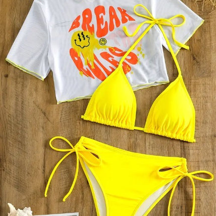 2025 Foreign Trade Sexy Bikini Three-piece Set European and American BIKINI Printed Short-sleeved Sunscreen Foreign Trade Swimwear