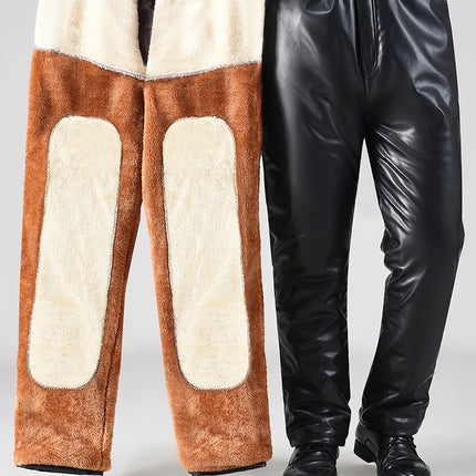 Men's Leather Pants with Velvet and Thickeneding, Winter Loose, Middle-aged and Elderly Men's Motorcycle Takeaway Waterproof, Windproof and Warm Leather Pants