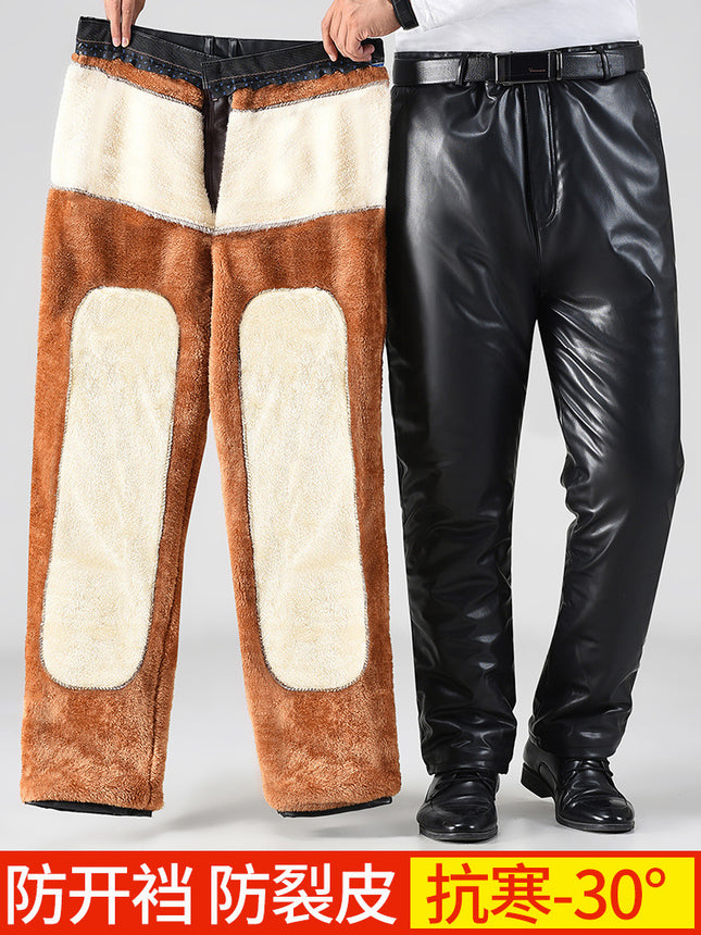 Men's Leather Pants with Velvet and Thickeneding, Winter Loose, Middle-aged and Elderly Men's Motorcycle Takeaway Waterproof, Windproof and Warm Leather Pants