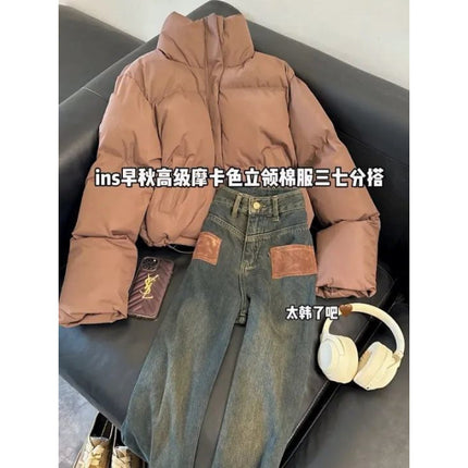 suit Women's 2024 Autumn and Winter New Korean Instagram Style Collar Cotton-padded Jacket All-match Slim-fit Jeans Two-piece Fashionable Jacket