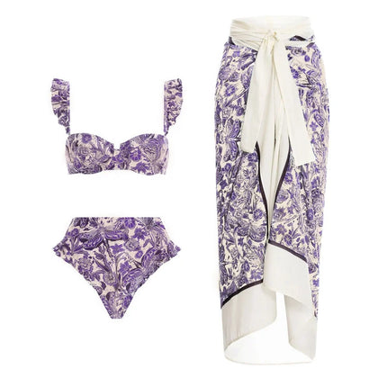 2024 European and American Swimwear New Mini Ruffled Purple Dragonfly Printed Swimsuit suit Women's Cross-border Explosions