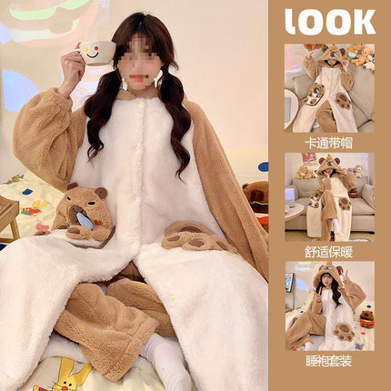 Autumn and Winter Coral Velvet Pajamas Cartoon Nightgown Set Capibala Women's Velvet Thickeneded Cold-Proof and Warm Home Clothes