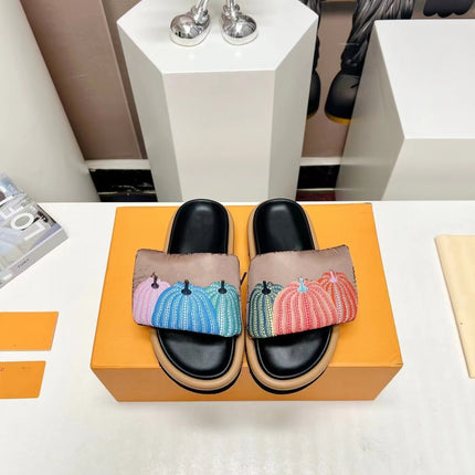 2023 Summer New Style Platform Thick Bottom Pumpkin Velcro Outer Wear Lazy Flip-Flops Embroidered Casual Flat Sandals