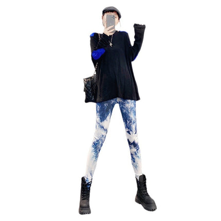 European and American Thin Printed Leggings Women's High Waist Stretch Trousers leggings Denim Tie-Dye Color Outer Wear Leggings
