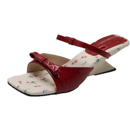 French Elegant Wedge-Heeled Slippers for Women, Square Toe, Open-Toe, Bow-Knot High-Heeled Sandals, 2025 Summer New Style