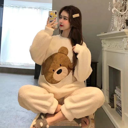 2024 New Autumn and Winter Coral Velvet Cartoon Stripesd Women's Pajamas Thickeneded and Wearable Home Wear Set