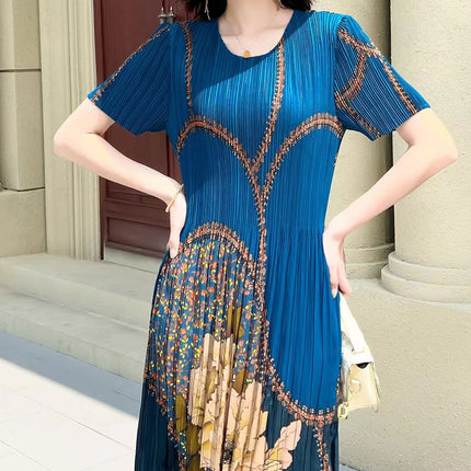 Miyake pleated 2025 summer new temperament round neck printed pleated skirt fashion waist thin magic dress