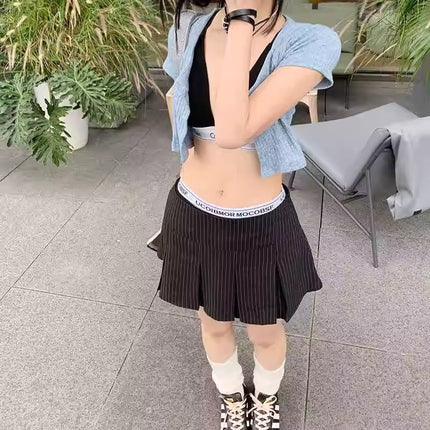 2025 New Vertical Stripesd Black Pleated Skirt for Women Summer High Waist Slimming Look A-Line Skirt Short Skirt for Small People
