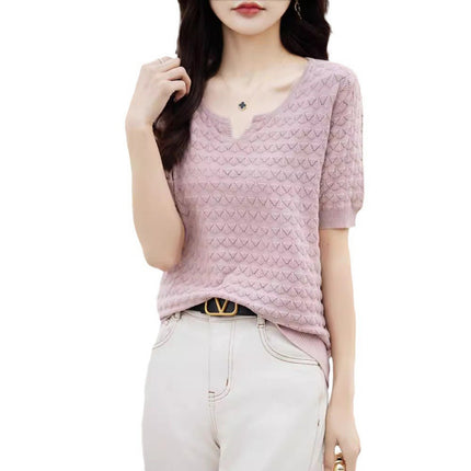 Pure Cotton Knitted Short-Sleeved Women's Spring and Summer New Elegant Half-Sleeved Cut Out Loose Fashion Pure Color T-Shirt Top