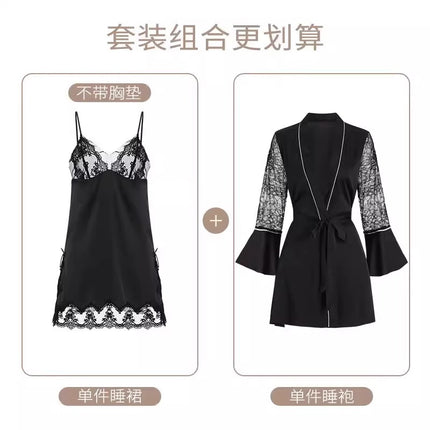2026 New Sexy High-End Dress, Ice Silk Nightgown, Lace Dress with Straps, V-Neck Nightgown with Chest Pads