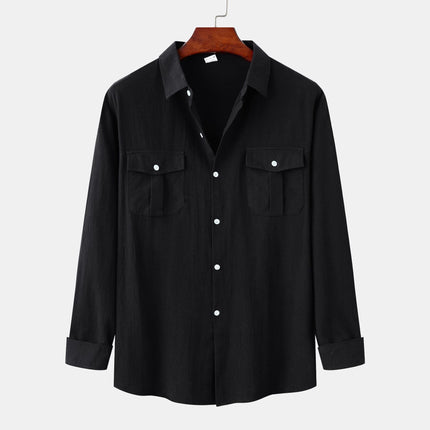 Cross-border foreign trade wholesale 2024 new autumn and winter men's cotton and linen solid color double pocket design men's long sleeve shirt men