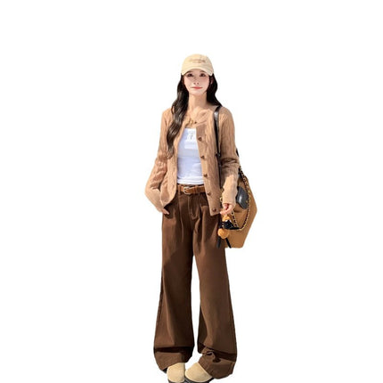 Brown Wide Leg Jeans Women's Trendy All-match New Maillard High Waist Loose Slimming Straight Long Pants
