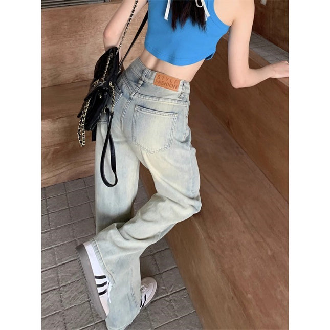 Mud Yellow Straight Leg Jeans Women's Trendy All-match High Waist Slimming Loose Flesh Covering Old Design Sense Wide Leg Pants