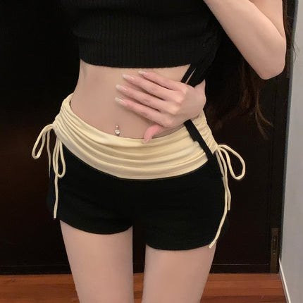 Contrast Color Drawstring Casual Shorts Women's Summer Pleated High Waist Slimming Straight Pants Hot Girls Slim-fit Hot Pants