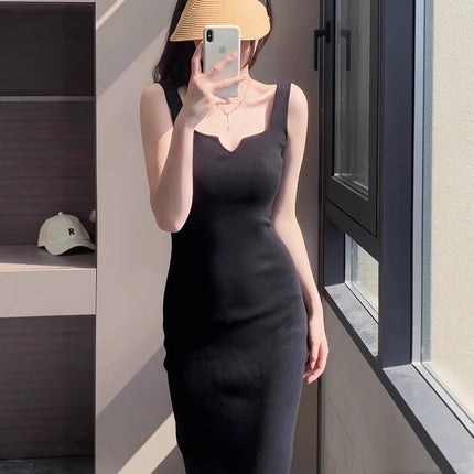 Chuqing Independent French Style Avocado Green Knitted Suspender Dress Women's Summer Slim Inner Vest Dress