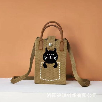 New Woven Simple Fashion Mobile Phone Bag Cute Cartoon Cat Knitted Bag Women's Small Square Bag Color Heart