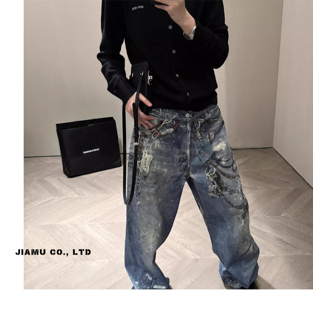 JIAMU Autumn and Winter AC Home Cut Digital Printed Jeans Men's Baggy Loose Straight Tube Personality in All-match Fashion Brand