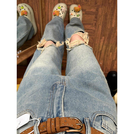 Distressed Ripped Straight-Leg Jeans for Women, American Retro High-Waisted Loose Slimming Versatile Distressed Wide-Leg Floor-Length Pants