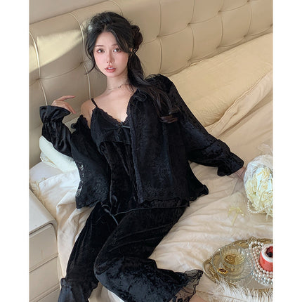 [Bric velvet] three-piece autumn and winter new lace court style pajamas suspenders long sleeve sweet home clothes velvet