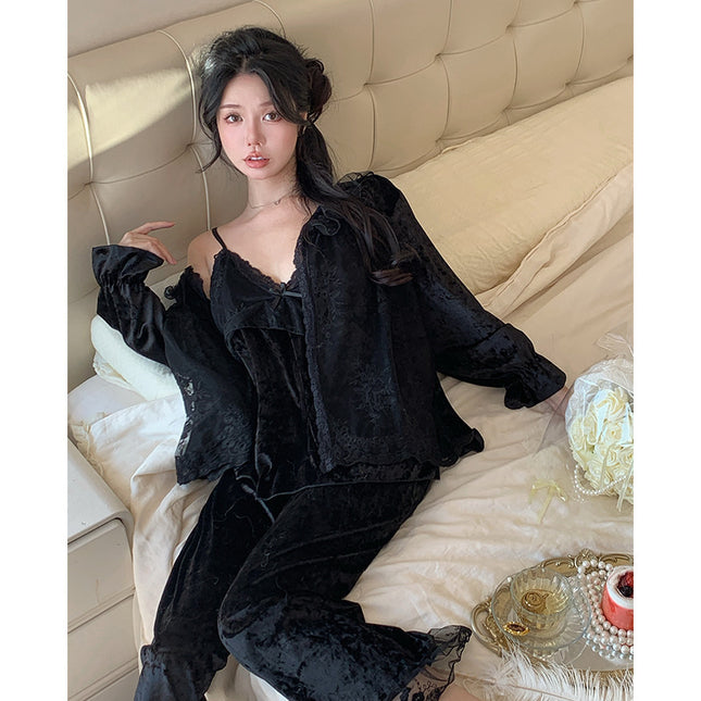[Bric velvet] three-piece autumn and winter new lace court style pajamas suspenders long sleeve sweet home clothes velvet