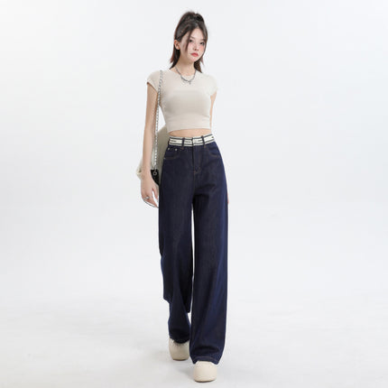 8827 dark blue Ice Silk Straight-Leg Jeans Women's Summer Thin Stitching Letter Waist Drape Wide Leg Trousers