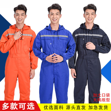 Men's One-Piece Work Suit, Dustproof, with Reflective Strips, for Shipyard Workers, Mechanical Repair, Aquaculture Factory, Labor Protection Clothing, Hooded Workwear, Large Size
