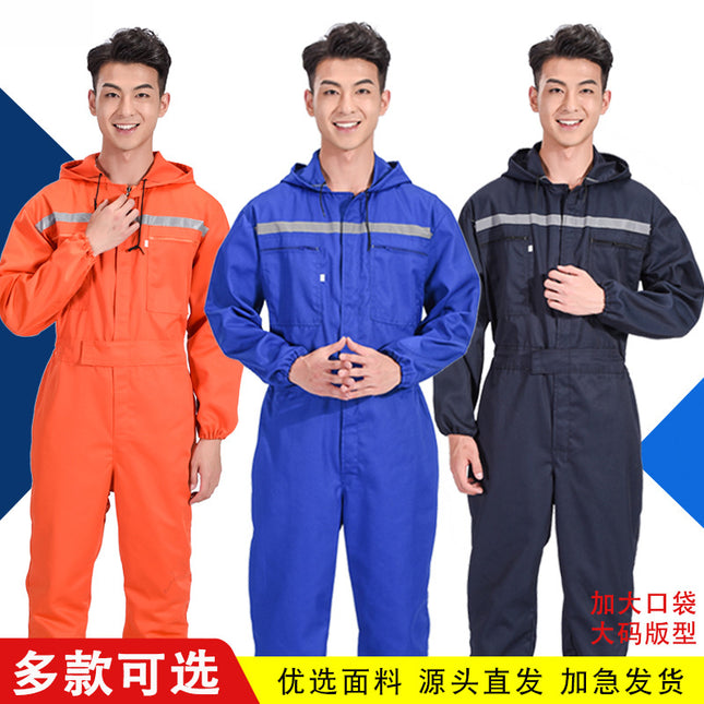 Men's One-Piece Work Suit, Dustproof, with Reflective Strips, for Shipyard Workers, Mechanical Repair, Aquaculture Factory, Labor Protection Clothing, Hooded Workwear, Large Size