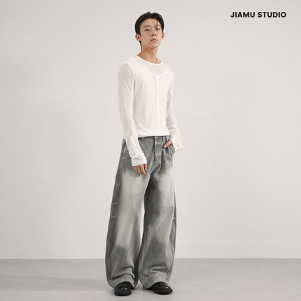 Jiamu Gray American High Street Baggy Jeans Unisex Wide-Leg Jeans for Men and Women Loose Silhouette Banana Pants