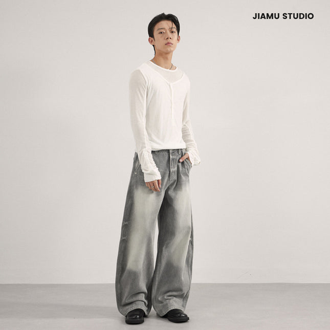 Jiamu Gray American High Street Baggy Jeans Unisex Wide-Leg Jeans for Men and Women Loose Silhouette Banana Pants