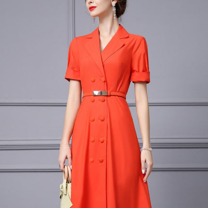 Zhili Commuter Style Lapel Dress 2026 Summer New Orange High-End Exquisite Figure-Flattering Double-Breasted Flared Dress