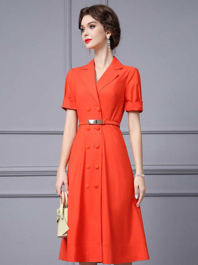 Zhili Commuter Style Lapel Dress 2026 Summer New Orange High-End Exquisite Figure-Flattering Double-Breasted Flared Dress