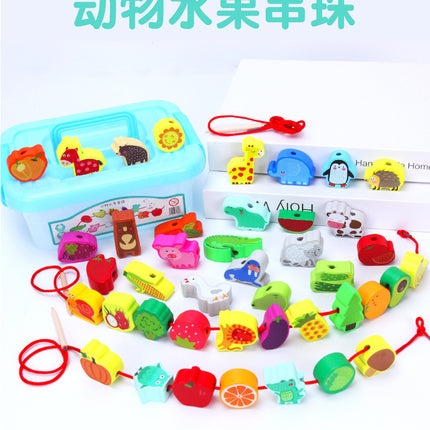 Children's wooden puzzle beaded large particle building block toy animal fruit string beaded puzzle toy 0-3