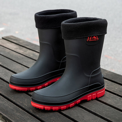 German Mid-Calf Rain Boots Men's Non-Slip Waterproof Mid-Calf Rain Boots Autumn and Winter Cotton Car Wash Work Rubber Shoes Fishing Water Shoes