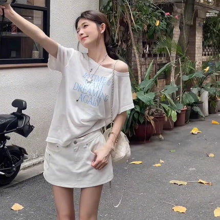 Summer Women's Tops Short-Sleeved Women's T-Shirt Clothes One-Shoulder High-End Cute Printed Short-Sleeved T-Shirt Custom Group Uniform
