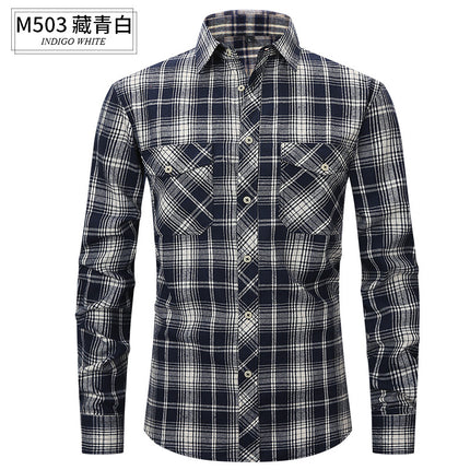 Spring and Summer Slim Amazon Fashion Brushed Plaid High-End Long-Sleeved Double Pocket Flannel Men's Shirt
