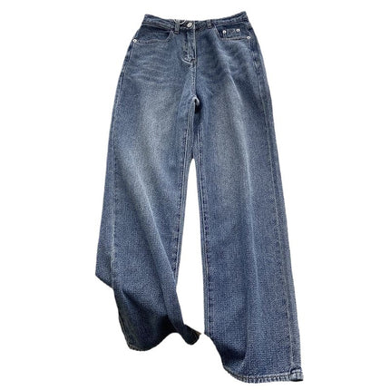 American Retro Blue Straight-Leg Jeans for Women, Spring & Fall Design, Niche High-Waisted Loose Wide-Leg Floor-Length Pants