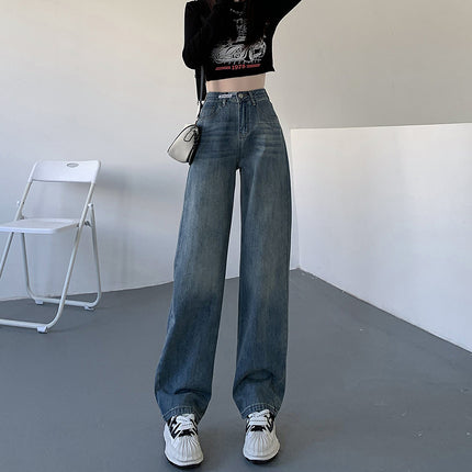 3301# High waist retro blue straight jeans women's design loose slimming draping mop long pants 1