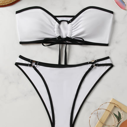 European and American Style Sexy Bandeau Bikini Swimsuit for Women, Solid Color with Chest Pads, Simple Cross-Border Two-Piece Swimsuit