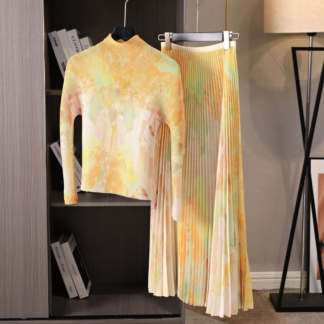 Spring High-Bottom Pleated Corn Kernel Graffiti Long-Sleeved Turtleneck T-Shirt Bottoming Shirt Drapedy Stereo Large Swing Skirt Two-Piece Set
