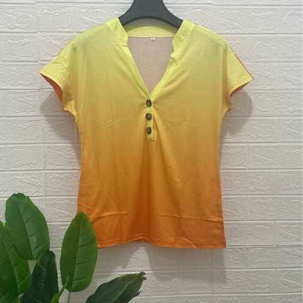 European and American Cross-Border 2024 Export Spring and Summer New Products Amazon Wish Gradient Printed Twist Button Fashion Short-Sleeved T-Shirt for Women