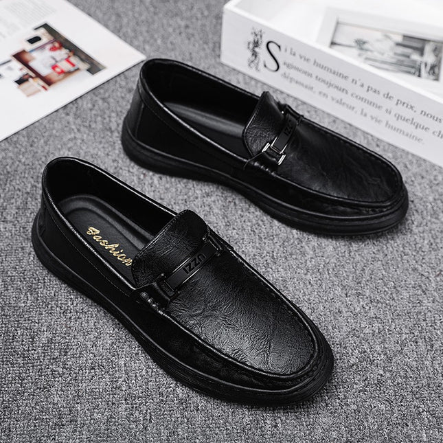 Labor Insurance Work Men's Shoes Summer Business Dress Casual Leather Shoes Men's Slip-on Lazy Soft Bottom Bean Shoes Black