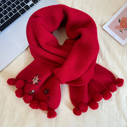 Sun Flower Rain ~ dark blue light blue * Cute Flower Embroidered Scarf Handmade Fur Ball Autumn and Winter Warm Wool Scarf