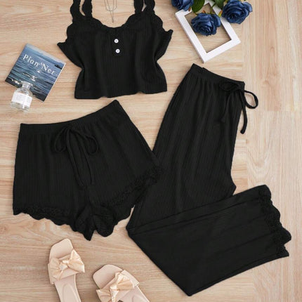 Lace Trim Three-Piece Set: Camisole, Shorts, Long Pants, Women's Slim-Fit Loungewear, Brushed Sleepwear
