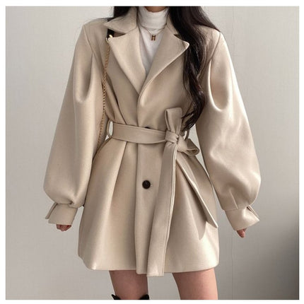 New Korean Style Autumn and Winter Wear Strap Elegant Small Women's Dress Collar Hepburn Style Mid-length Woolen Women's Coat Jacket