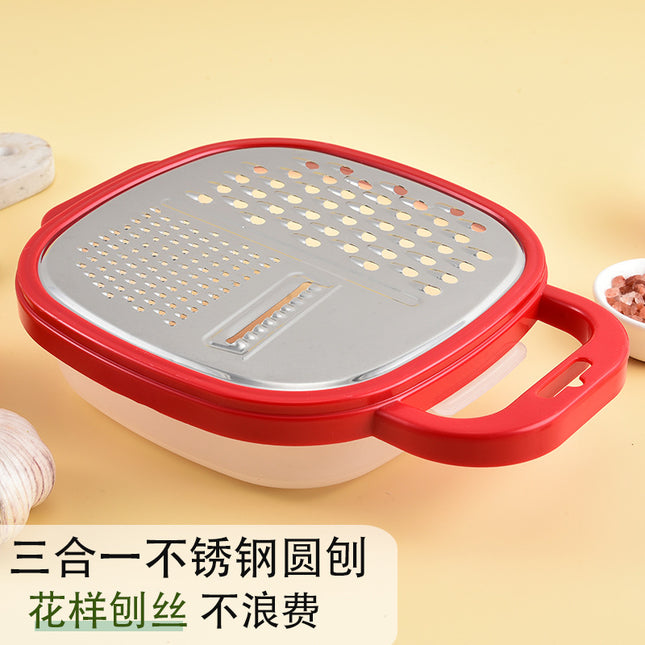 Multi-functional three-in-one stainless steel round planer with lid and bottom box melon Planer melon fruit vegetable grater radish shredder